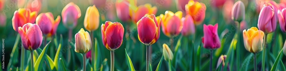 Fototapeta premium Tulips Field. Spring Landscape with Blooming Colorful Tulips Field in the Day
