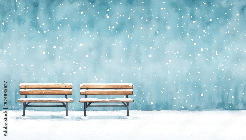 Two empty benches in a snowy winter scene. Two empty benches in a snowy winter scene.