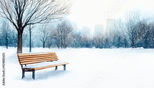 Snowy park scene with bench and trees, winter wonderland.