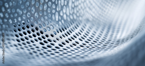 Close-up macro shot of a perforated, wavy surface with a soft blue tint. Abstract geometric pattern