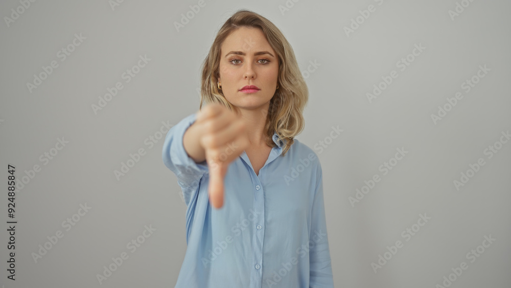 Obraz premium A young woman with blonde hair giving a thumbs down gesture isolated against a white background