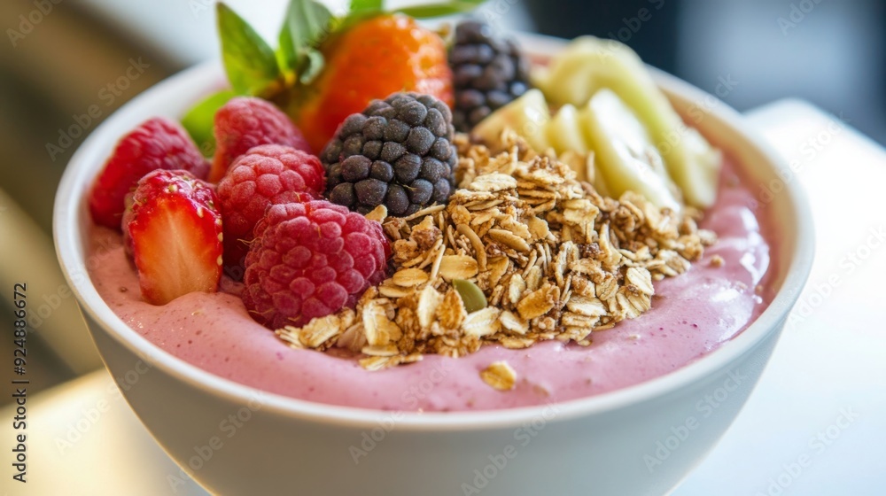 A vibrant smoothie bowl filled with yogurt, topped with fresh strawberries, blackberries, granola, and mint leaves, served in a stylish cafe with natural lighting. A vibrant smoothie bowl filled with yogurt, topped with fresh strawberries, blackberries, granola, and mint leaves, served in a stylish cafe with natural lighting.