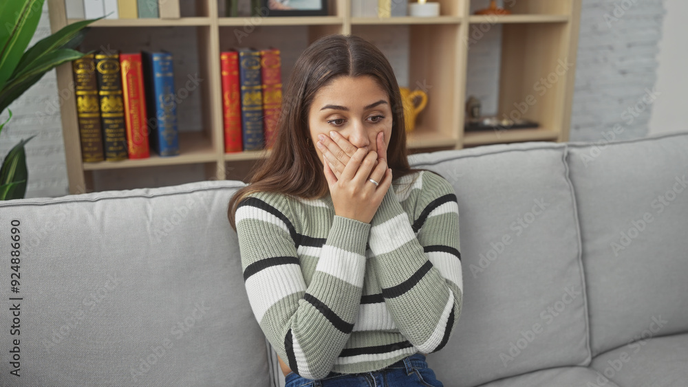 Obraz premium Hispanic woman sitting shocked on sofa indoors covering mouth with hands