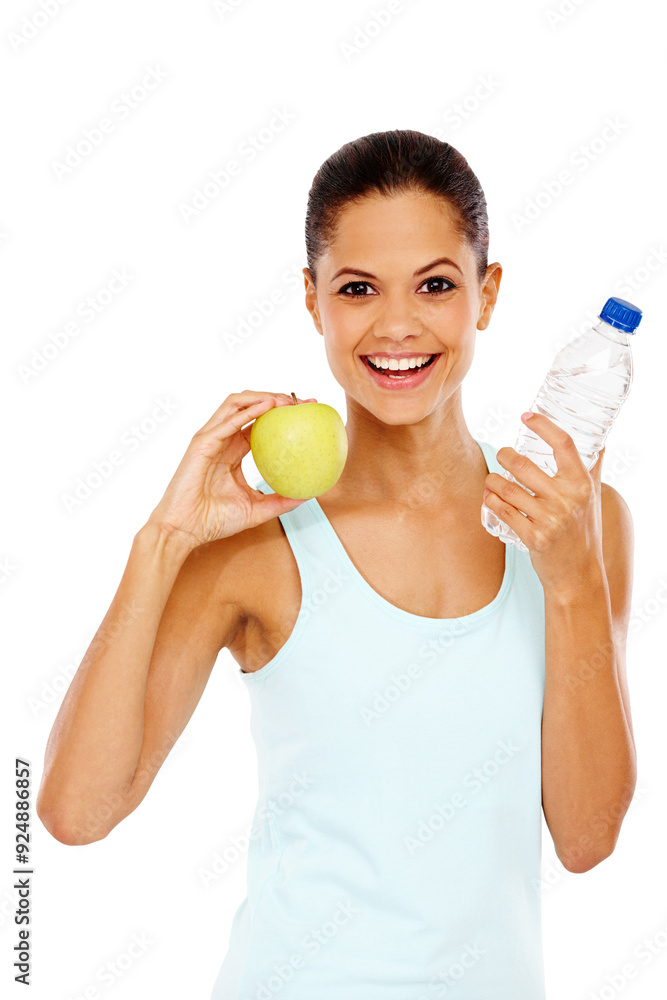 Smile, portrait and woman with water and apple in studio for wellness, nutrition or diet snack. Health, hydration and female person with organic drink and fruit for detox isolated by white background Smile, portrait and woman with water and apple in studio for wellness, nutrition or diet snack. Health, hydration and female person with organic drink and fruit for detox isolated by white background