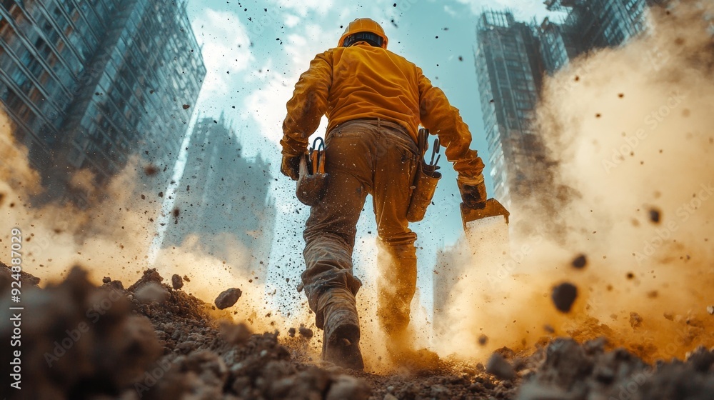 Fototapeta premium Construction worker in urban renewal - generative ai