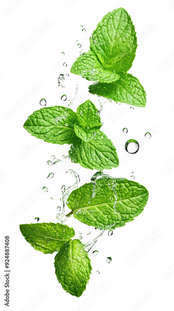 Mint leaves with water drops floating on transparent background Mint leaves with water drops floating on transparent background