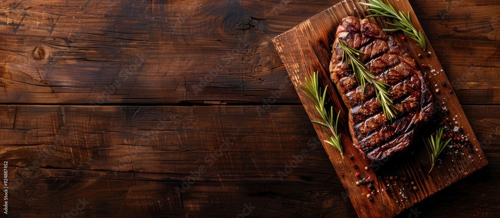 A succulent grilled beef steak on a rustic table with a copy space image as a appetizing and healthy meal option shown from a top view