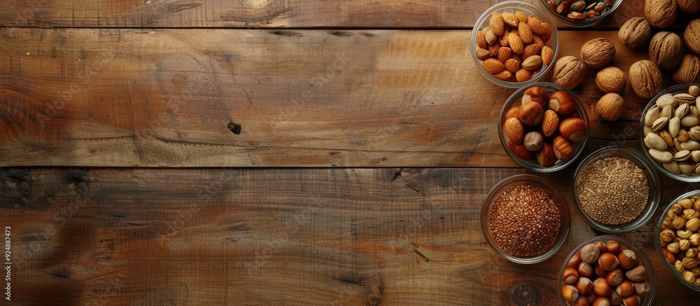 Various nuts displayed on a wooden surface in glass containers shot from above with space for text or graphics Emphasizing the idea of a nutritious diet with assorted nuts. Creative banner Various nuts displayed on a wooden surface in glass containers shot from above with space for text or graphics Emphasizing the idea of a nutritious diet with assorted nuts. Creative banner