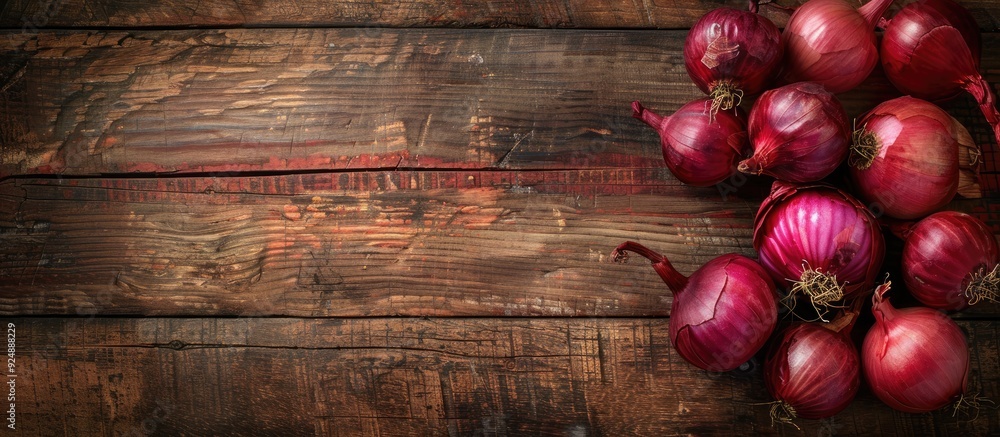Rustic wood background with red onions offering copy space image Rustic wood background with red onions offering copy space image