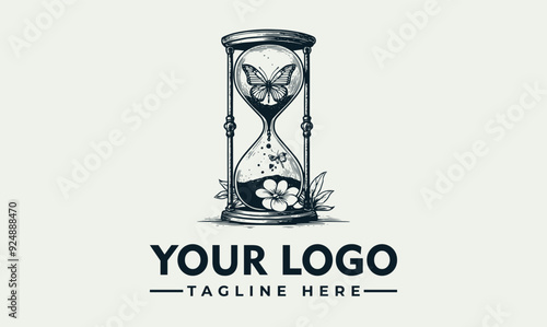 Hourglass with sand vector logo monochrome flowers and butterflies Hourglass filled with sand surrounded by vibrant flowers and delicate butterflies Suitable for time management, beauty, and nature