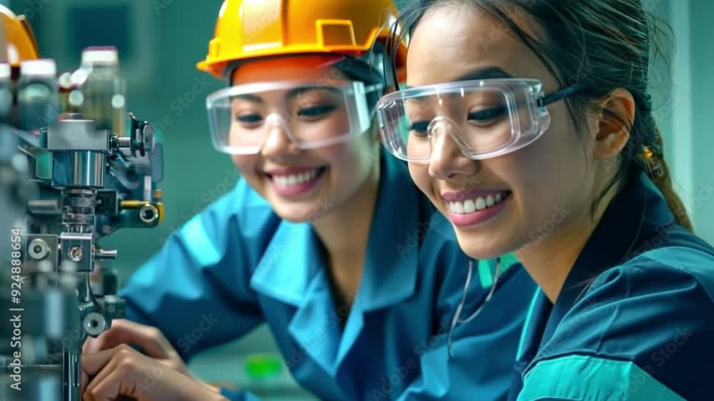 Engineers wearing safety glasses focus intently on a detailed piece of machinery in a high-tech industrial setting.
Engineers wearing safety glasses focus intently on a detailed piece of machinery in a high-tech industrial setting.