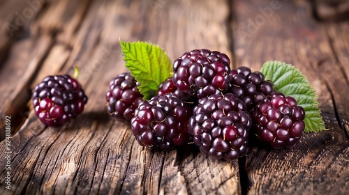 Vibrant olallieberries arranged on a rustic wooden background, highlighting their deep purple hue and glossy texture, complemented by fresh green leaves for added appeal photo