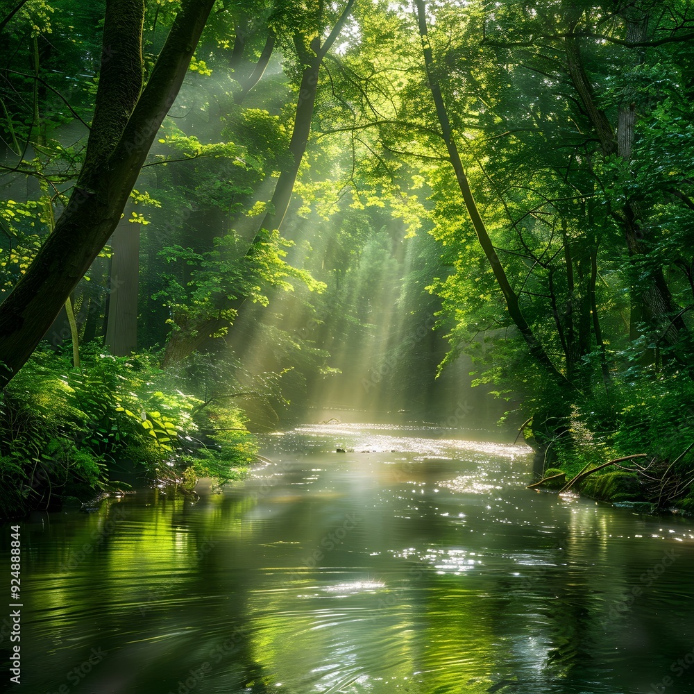 Serene forest with river and sunlight breaking through the trees Serene forest with river and sunlight breaking through the trees