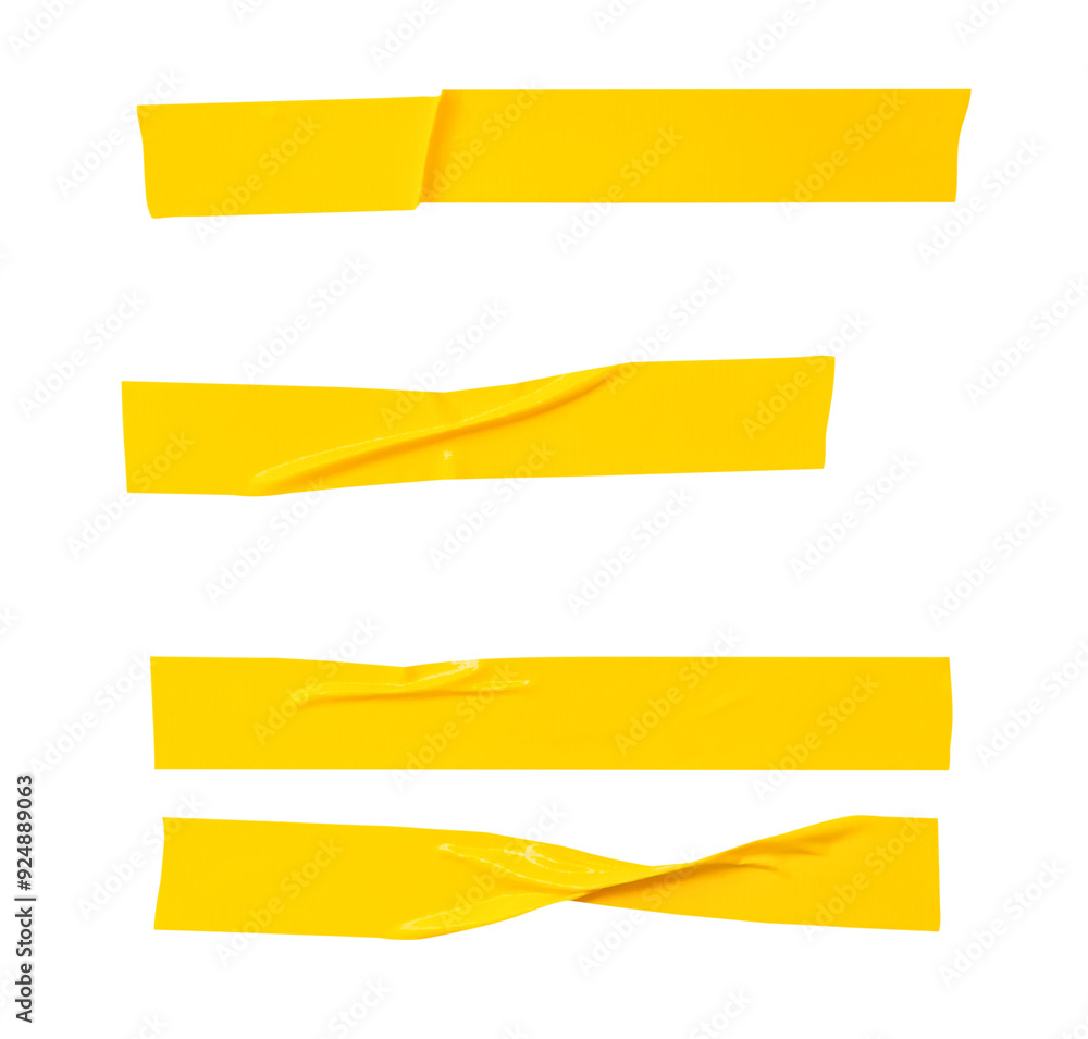 Top view set of wrinkled or crumpled yellow adhesive vinyl tape or cloth tape in stripe shape isolated on white background with clipping path Top view set of wrinkled or crumpled yellow adhesive vinyl tape or cloth tape in stripe shape isolated on white background with clipping path