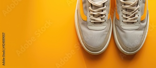 New sneakers for kids or adults displayed on a yellow background from a top view Gray and mustard colored shoes with copy space image on a bright colorful backdrop photo