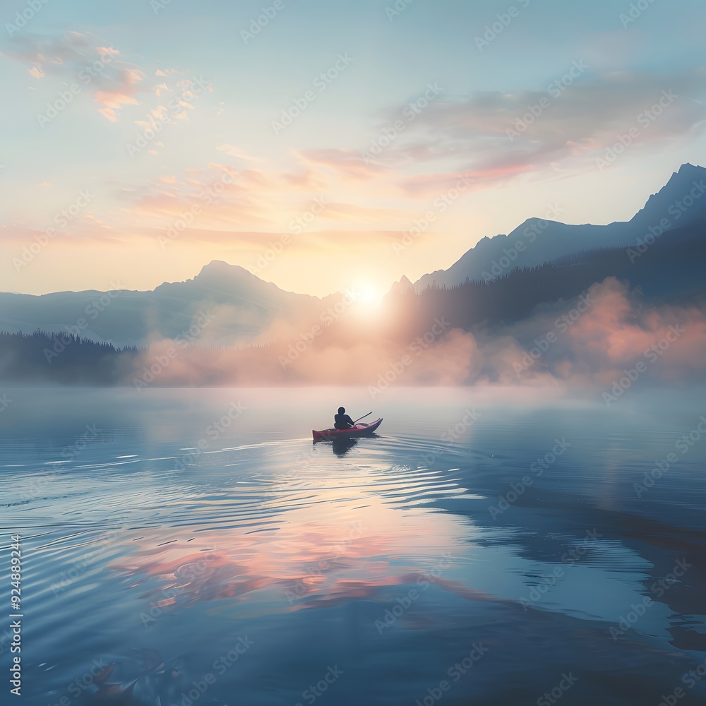 Fototapeta premium Person kayaking on calm lake at sunrise with mist and mountains