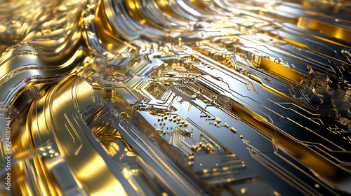 Metallic Abstract Background with Gold and Silver Circuits