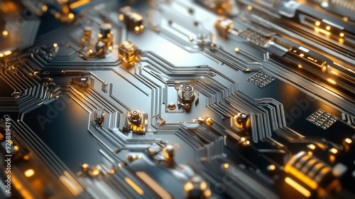 Metallic Abstract Background with Gold and Silver Circuits