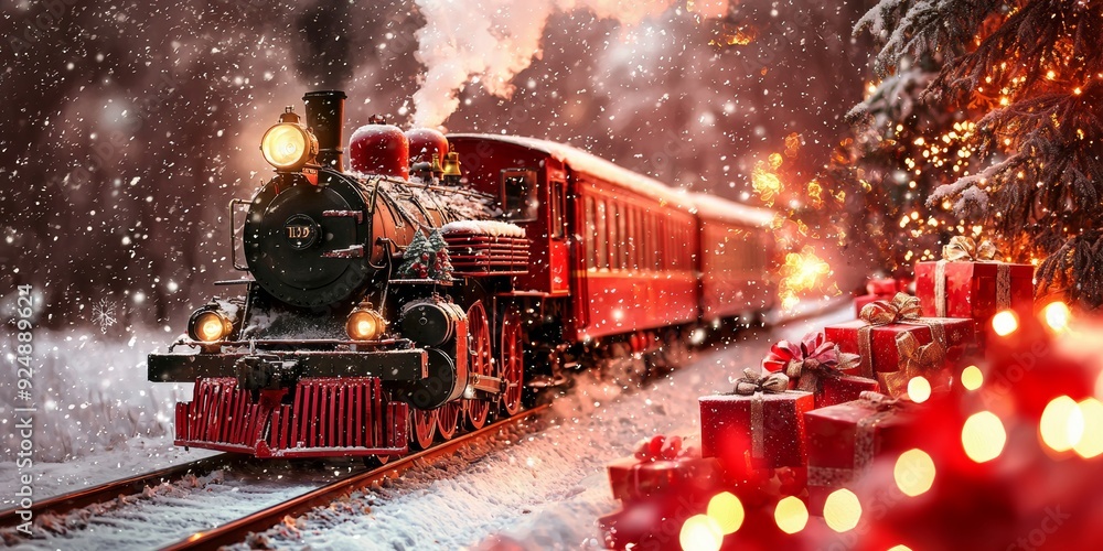 New Year's train and carriages filled with gifts on a red background New Year's train and carriages filled with gifts on a red background