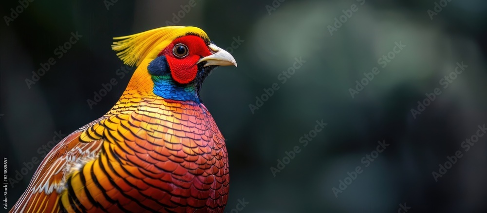 Fototapeta premium A striking golden pheasant stands out against a dark backdrop providing ample copy space in the image