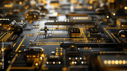 Metallic Abstract Background with Gold and Silver Circuits