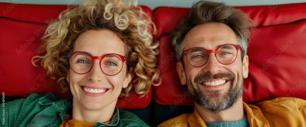 A Young Couple In Flight, Excited To Go On Vacation A Young Couple In Flight, Excited To Go On Vacation