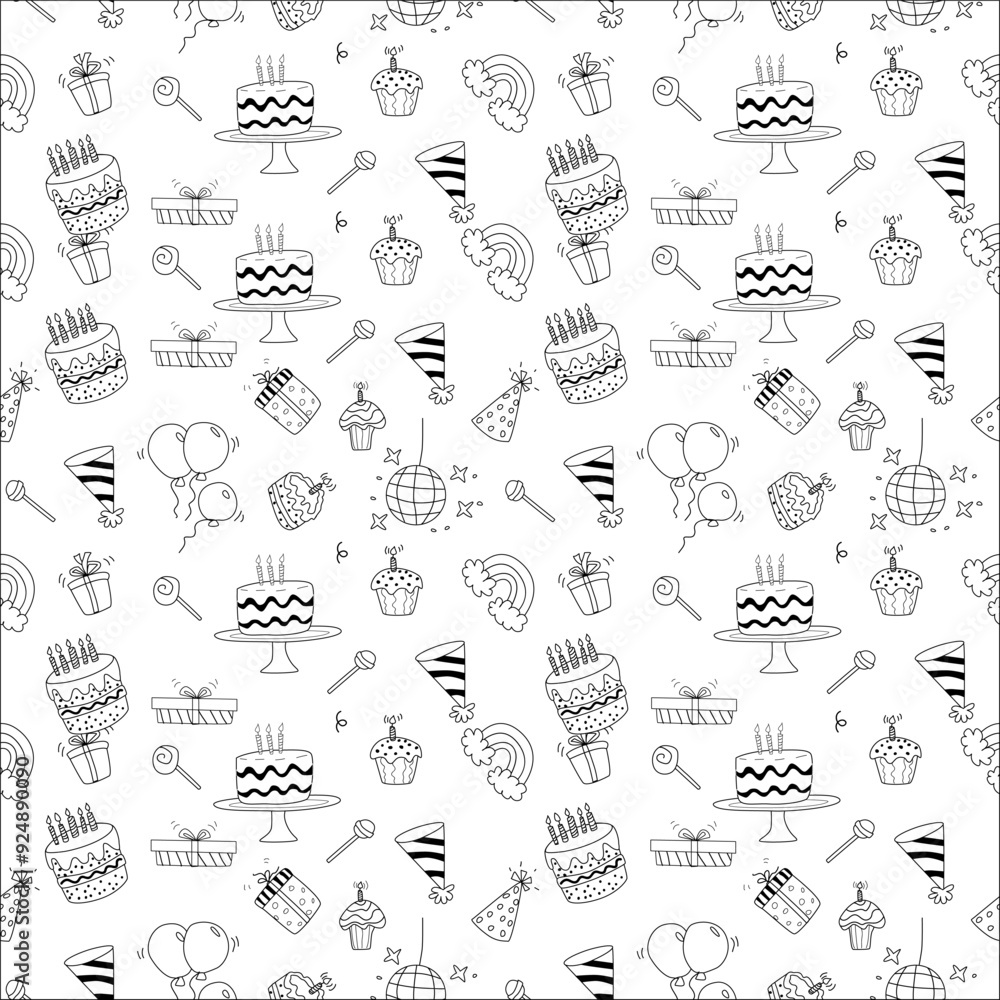 Doodle birthday celebration design. Seamless pattern with gifts, cakes with candles, holiday hats. For wrapping paper, greeting cards, wallpapers. Doodle birthday celebration design. Seamless pattern with gifts, cakes with candles, holiday hats. For wrapping paper, greeting cards, wallpapers.