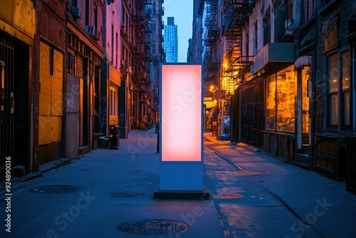 Illuminated Billboard in a Narrow City Alleyway photo