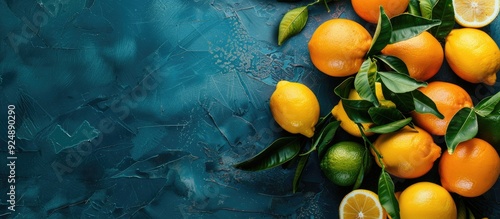 Group of ripe citrus fruits including lemons and oranges with green leaves on an old blue background Representing a harvest and healthy food concept in a vintage style with a top view and copy space i