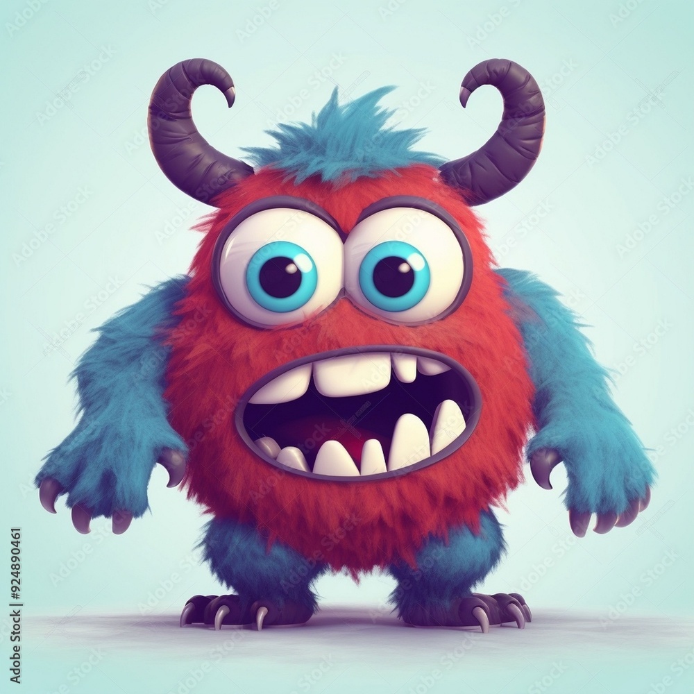 A colorful, furry monster with large eyes and horns standing against a light background A colorful, furry monster with large eyes and horns standing against a light background