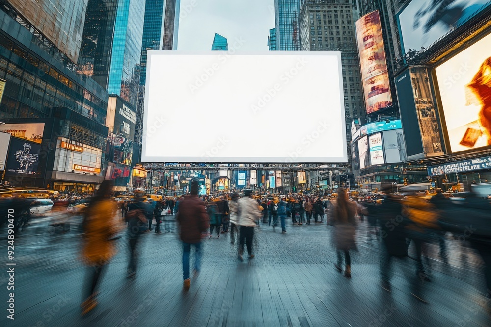 A Blank Billboard in Times Square Surrounded by Buildings and People A Blank Billboard in Times Square Surrounded by Buildings and People