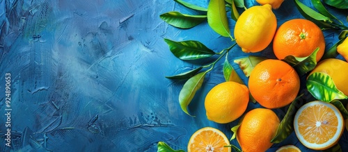 Fototapeta Naklejka Na Ścianę i Meble -  Group of ripe citrus fruits including lemons and oranges with green leaves on an old blue background Representing a harvest and healthy food concept in a vintage style with a top view and copy space i