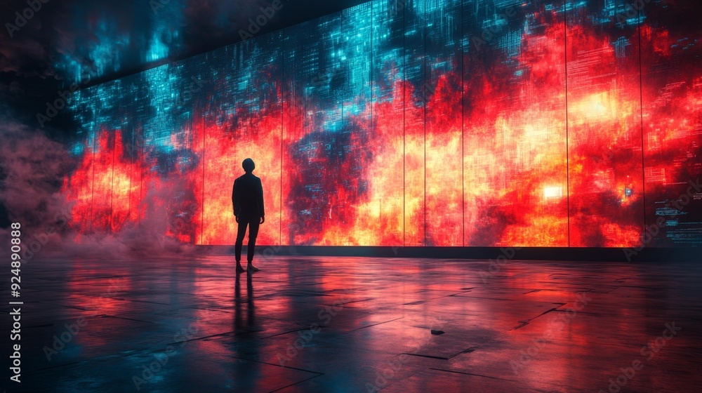 Fototapeta premium Silhouette of a person facing a massive digital wall with fiery display - generative ai
