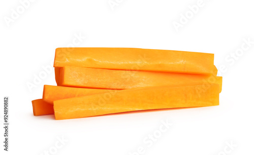 Side view of fresh orange carrot slices or pieces in stick shape in stack isolated on white background with clipping path