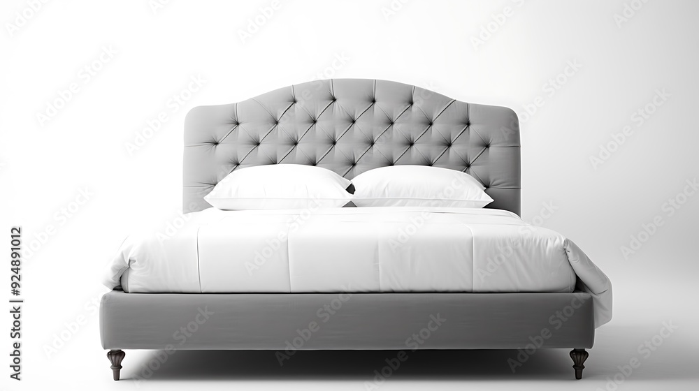Close-up of a stylish gray upholstered bed against a pristine white backdrop Close-up of a stylish gray upholstered bed against a pristine white backdrop