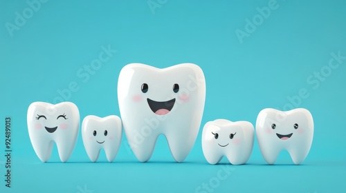 Happy teeth family smiling on blue background is promoting oral health