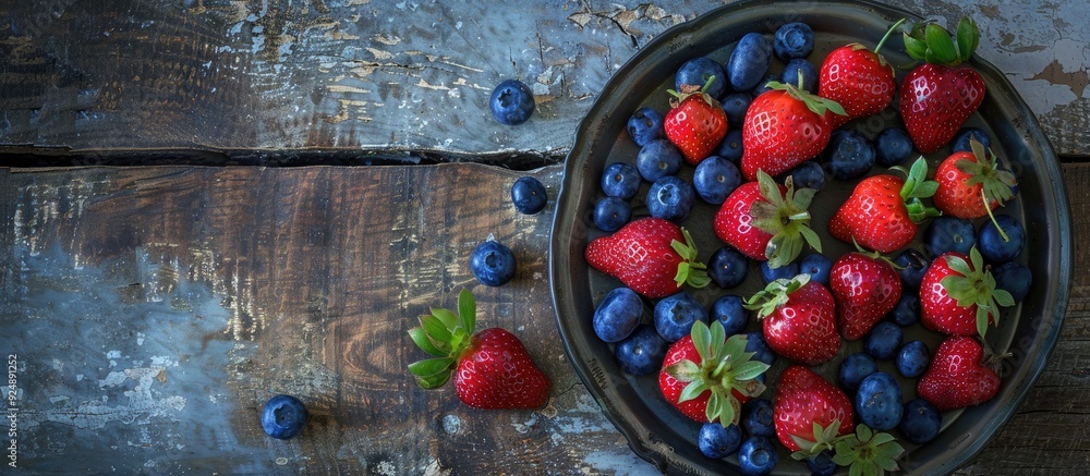 A variety of fresh strawberries and blueberries arranged on a metal plate over a textured rustic wooden surface accompanied by a copy space image Top down view A variety of fresh strawberries and blueberries arranged on a metal plate over a textured rustic wooden surface accompanied by a copy space image Top down view