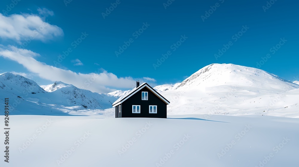 A serene black house surrounded by a blanket of white snow under a clear blue sky, evoking tranquility and winter beauty. A serene black house surrounded by a blanket of white snow under a clear blue sky, evoking tranquility and winter beauty.