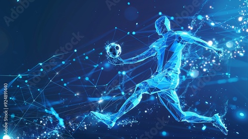 Abstract soccer player in action with, dynamic lines and geometric shapes on blue background..