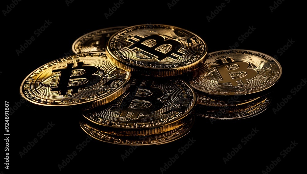 Golden Bitcoin Coins on Black Background Golden Bitcoin Coins on Black Background