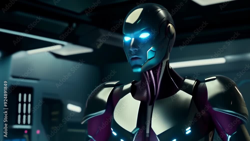 Video of futuristic humanoid robot with glowing blue eyes, standing in high-tech environment. sleek design and advanced technology of robot, artificial intelligence, robotics, future of technology Video of futuristic humanoid robot with glowing blue eyes, standing in high-tech environment. sleek design and advanced technology of robot, artificial intelligence, robotics, future of technology