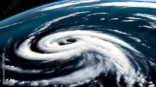 Video of powerful hurricane seen from space, showing swirling storm clouds over ocean. force of nature, weather phenomena, power of natural disasters