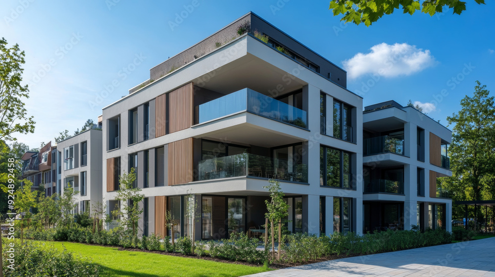 A contemporary apartment building set against a clear blue sky on a sunny day. The design features sleek lines and modern architectural elements, highlighting the building’s stylish and functional aes A contemporary apartment building set against a clear blue sky on a sunny day. The design features sleek lines and modern architectural elements, highlighting the building’s stylish and functional aes