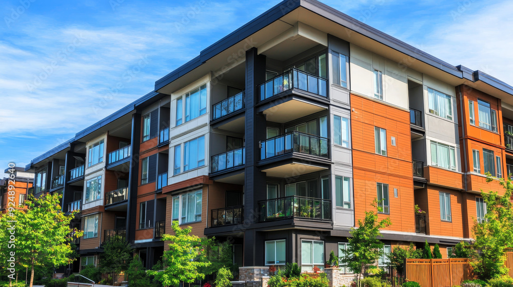 A contemporary apartment building set against a clear blue sky on a sunny day. The design features sleek lines and modern architectural elements, highlighting the building’s stylish and functional aes A contemporary apartment building set against a clear blue sky on a sunny day. The design features sleek lines and modern architectural elements, highlighting the building’s stylish and functional aes