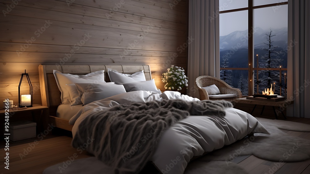 Fototapeta premium Comfortable mattress and bedding in a stylishly decorated bedroom