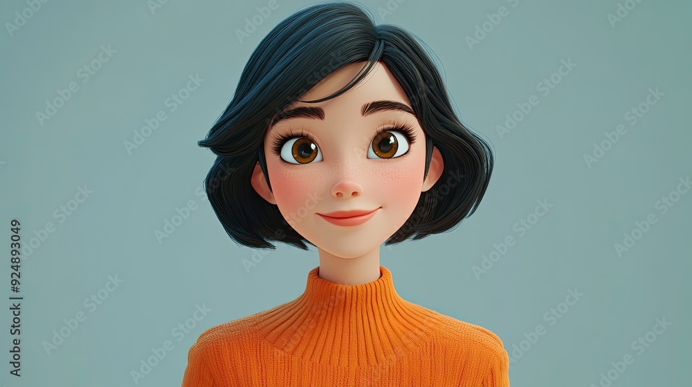 Charming 3D cartoon woman on light grey backdrop Charming 3D cartoon woman on light grey backdrop
