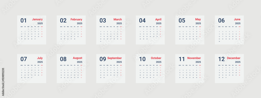 Monthly calendar template for the year 2025. Vector wall or desk calendar layout with week starting Monday.