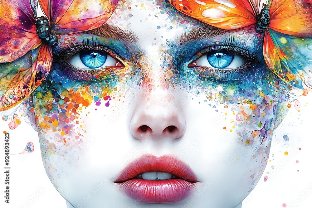 Close-up of a woman's face with butterfly wings and colorful makeup. Close-up of a woman's face with butterfly wings and colorful makeup.