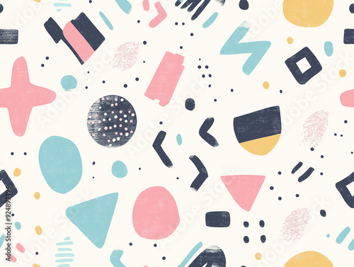Abstract pattern with playful geometric shapes in pastel colors on a light background, perfect for creative and modern designs.