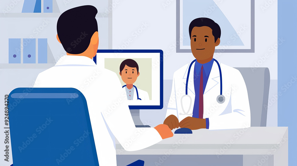 Flat style illustration depicting a doctor consulting with a patient, representing medical care, health consultation, and professional healthcare services Flat style illustration depicting a doctor consulting with a patient, representing medical care, health consultation, and professional healthcare services